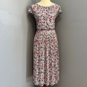 LOFT Floral Print Cinched Waist Midi Dress Boho Cottagecore Pink,Women's Size XL
